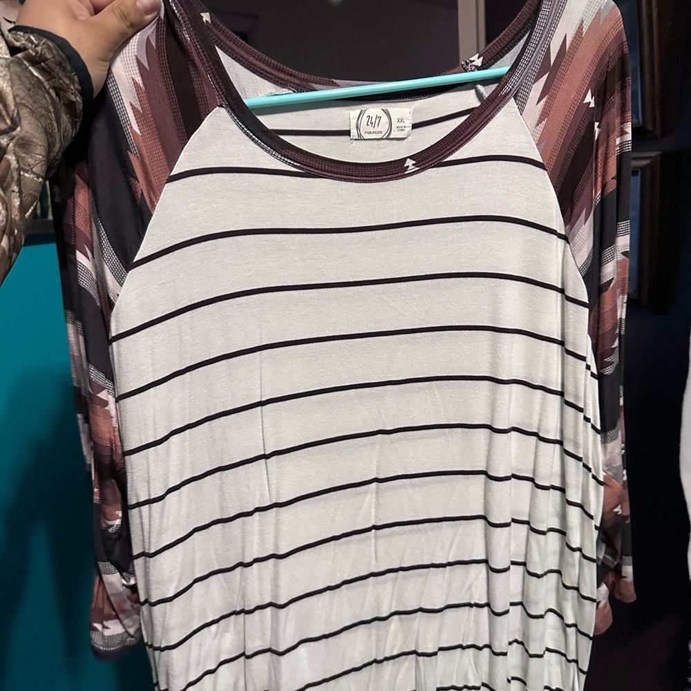 Striped/Aztec print baseball tee.